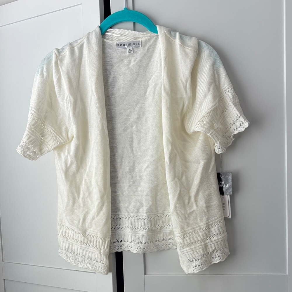 NWT Robbie Bee Cream Lace-Trim Short Sleeve Open Cardigan